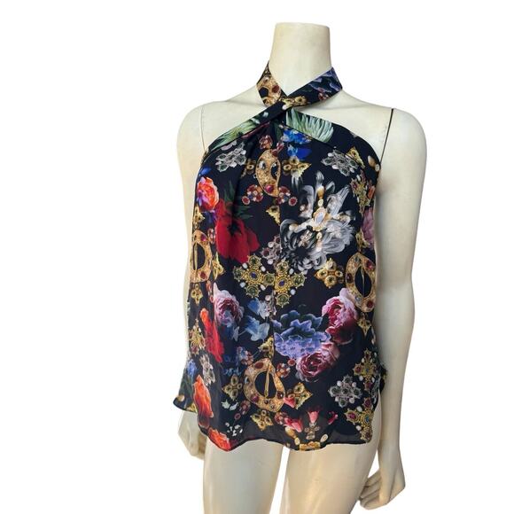 Vintage NICOLE MILLER Atelier Royal Flowers 100% Silk Halter Blouse Top P Small - Picture 1 of 9